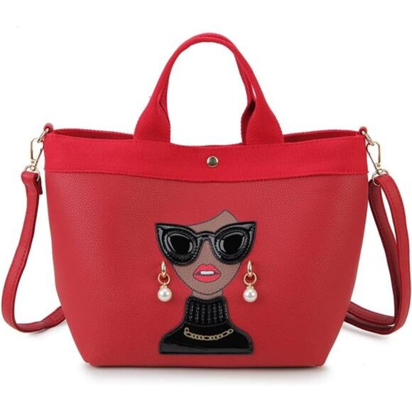 Quirky Lady Face Handbag - PU Leather Satchel, Top Handle Shoulder Bag-Red - Picture 1 of 6